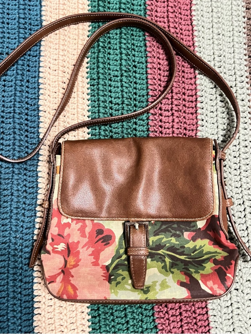 Vintage 90s Liz Claiborne Brown Leather-Flap Floral Canvas Crossbody